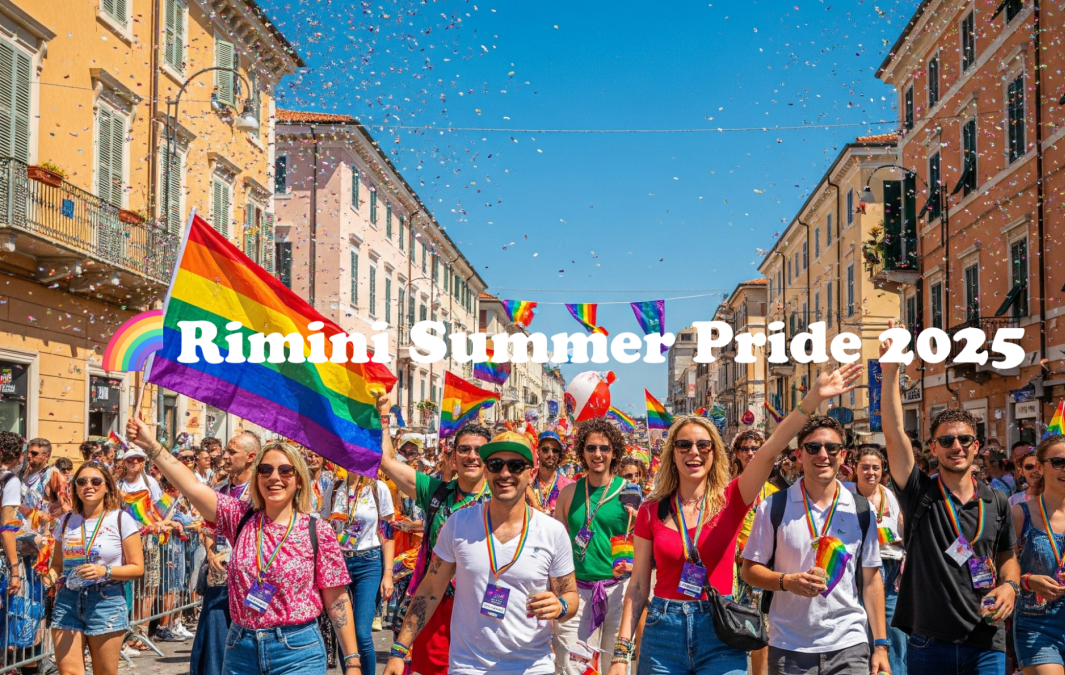 Bunte, fröhliche Parade mit Regenbogenflaggen und Konfetti beim Rimini Pride 2025.
